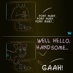 Size: 500x501 | Tagged: safe, artist:quint-t-w, human, pony, bathroom, candle, clothes, comic, creepy, dialogue, elderly, gradient background, hoodie, mirror, older, rosemary, scared, summoning