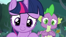 Size: 1920x1080 | Tagged: safe, screencap, spike, twilight sparkle, twilight sparkle (alicorn), alicorn, dragon, she talks to angel, close-up, cropped, crouching, cute, duo, looking at you, smiling, spikabetes, twiabetes, winged spike