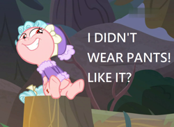 Size: 984x720 | Tagged: safe, edit, edited screencap, screencap, cozy glow, pegasus, pony, frenemies (episode), bow, caption, clothes, coat, female, filly, hair bow, hat, image macro, sitting, tail bow, text, we don't normally wear clothes