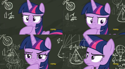 Size: 1600x890 | Tagged: safe, edit, edited screencap, screencap, twilight sparkle, twilight sparkle (alicorn), alicorn, pony, sparkle's seven, chalkboard, female, mare, math, math lady meme, meme, solo, thinking