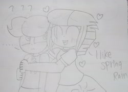 Size: 4150x2992 | Tagged: safe, artist:徐詩珮, fizzlepop berrytwist, spring rain, tempest shadow, equestria girls, dialogue, equestria girls-ified, female, heart, hug, lesbian, lineart, shipping, springshadow, traditional art