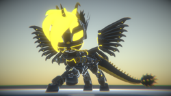 Size: 3840x2160 | Tagged: safe, artist:phoenixtm, oc, oc:phoenix stardash, cyborg, dracony, hybrid, 3d, battle stance, cyborg dracony, dracony alicorn, spread wings, wings