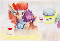 Size: 2000x1364 | Tagged: safe, artist:mandumustbasukanemen, aunt holiday, auntie lofty, scootaloo, pony, alcohol, female, lesbian, lofty day, sad, shipping, traditional art, wine