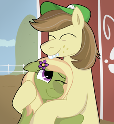 Size: 1405x1536 | Tagged: safe, artist:kindheart525, artist:lazyy-llama, hayseed turnip truck, oc, oc:flower power, earth pony, pony, canon x oc, flower, flower in hair, kindverse, parent:tree hugger