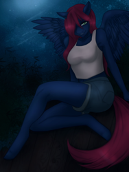 Size: 1668x2224 | Tagged: safe, artist:sadcranberry, oc, oc only, oc:night coder, anthro, pegasus, unguligrade anthro, anthro oc, armpits, belly button, breasts, clothes, female, hair over one eye, looking at you, midriff, shorts, smiling, solo, stars, tanktop, wings, ych result