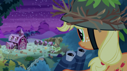 Size: 1280x720 | Tagged: safe, derpibooru import, screencap, applejack, earth pony, pony, going to seed, binoculars, solo, sweet apple acres