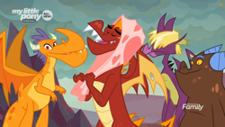 Size: 852x479 | Tagged: safe, screencap, billy (dragon), fume, garble, spear (dragon), dragon, sweet and smoky, all new, clump, discovery family logo, dragon lands, eyes closed, male, quartet, teenaged dragon, text