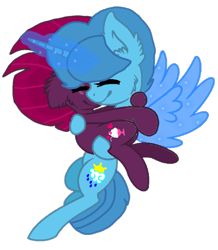 Size: 833x954 | Tagged: safe, artist:徐詩珮, fizzlepop berrytwist, spring rain, tempest shadow, pony, unicorn, artificial wings, augmented, base used, bridal carry, broken horn, carrying, female, horn, hug, lesbian, magic, magic wings, mare, shipping, simple background, springshadow, transparent background, wings