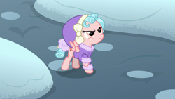Size: 1920x1080 | Tagged: safe, screencap, cozy glow, pegasus, pony, frenemies (episode), clothes, cozy glow is not amused, female, filly, foal, hat, raised hoof, snow, solo, winter outfit