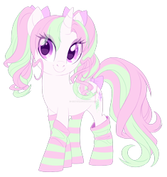 Size: 1920x2039 | Tagged: safe, artist:centchi, oc, oc:rosy cheeks, pony, unicorn, bow, clothes, deviantart watermark, female, mare, obtrusive watermark, simple background, socks, solo, striped socks, tail bow, transparent background, watermark
