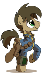 Size: 500x900 | Tagged: safe, artist:php104, oc, oc only, earth pony, pony, unicorn, fallout equestria, clothes, fanfic, fanfic art, gun, handgun, holster, hooves, horn, male, pipbuck, revolver, simple background, solo, stallion, transparent background, vault suit, weapon