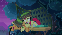 Size: 1920x1080 | Tagged: safe, derpibooru import, screencap, apple bloom, applejack, earth pony, pony, going to seed, binoculars, drool, sleeping