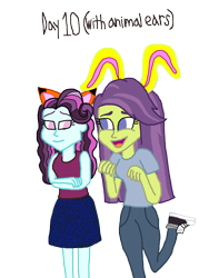 Size: 1500x2097 | Tagged: safe, artist:ktd1993, principal abacus cinch, victoria, fox, rabbit, equestria girls, 30 day otp challenge, animal, animal ears, bunny ears, cinchtoria, converse, female, fox ears, lesbian, shoes