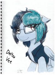 Size: 5000x6878 | Tagged: safe, artist:calveen, oc, oc:delta vee, pegasus, pony, chest fluff, clothes, colored sketch, female, floppy ears, folded wings, glasses, looking at something, mare, mixed media, shirt, signature, simple background, sketch, sketchbook, traditional art, white background, wings