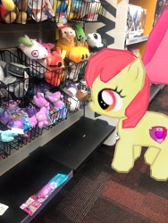 Size: 3024x4032 | Tagged: safe, photographer:undeadponysoldier, apple bloom, earth pony, pony, augmented reality, creeper, crossover, female, filly, five nights at freddy's, foxy, foxy the pirate fox, gameloft, gamestop, irl, merchandise, minecraft, photo, plushie, ponies in real life
