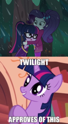 Size: 828x1514 | Tagged: safe, rarity, sci-twi, twilight sparkle, twilight sparkle (alicorn), unicorn twilight, alicorn, unicorn, better together, equestria girls, inclement leather, inclement leather: twilight sparkle, look before you sleep, approved, approves, female, lesbian, rarilight, shipping