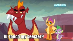 Size: 960x540 | Tagged: safe, edit, edited screencap, screencap, garble, smolder, spike, dragon, sweet and smoky, caption, cartoonito logo, dragoness, female, image macro, implied spolder, italian, male, siblings, silly, text, trio, very silly, very very silly, winged spike