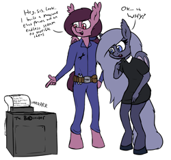 Size: 2515x2353 | Tagged: safe, artist:moonatik, oc, oc only, oc:pocarona, oc:selenite, anthro, bat pony, unguligrade anthro, anthro oc, bat pony oc, belt, brother and sister, clothes, cutie mark on clothes, dialogue, female, machine, male, screwdriver, shoes, siblings, simple background, sketch, twins, wings