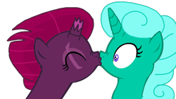 Size: 1920x1080 | Tagged: safe, alternate version, artist:徐詩珮, fizzlepop berrytwist, glitter drops, tempest shadow, pony, unicorn, background removed, base used, broken horn, female, glittershadow, horn, kissing, lesbian, mare, shipping, simple background, transparent background