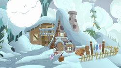 Size: 1920x1080 | Tagged: safe, screencap, cozy glow, earth pony, pegasus, pony, frenemies (episode), bucket, cabin, clothes, female, filly, foal, hat, helmet, male, mount everhoof, pine tree, rusty bucket, snow, snowball, staff, stallion, this will end in death, tree, winter outfit