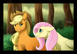 Size: 1280x897 | Tagged: safe, artist:brysfine, derpibooru import, applejack, fluttershy, earth pony, pegasus, pony, appleshy, blushing, female, lesbian, shipping, tree