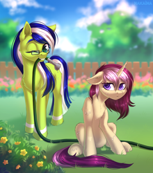 Size: 2300x2615 | Tagged: safe, artist:hakaina, oc, oc only, oc:lannie lona, oc:miles bright, earth pony, pony, unicorn, bush, cloud, female, fence, flower, garden, glasses, grass, hose, mare, one eye closed, sitting, sky, smiling, standing, wet, wet mane, wink