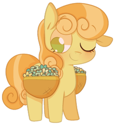 Size: 500x538 | Tagged: safe, artist:pinkiespresent, junebug, earth pony, pony, background pony, basket, cute, ear down, female, flower, mare, no pupils, one eye closed, saddle basket, simple background, solo, transparent background