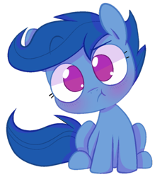 Size: 500x570 | Tagged: safe, artist:pinkiespresent, archer (character), scootablue, pony, :t, cute, female, filly, looking at you, no pupils, simple background, sitting, solo, transparent background