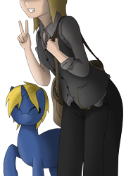 Size: 2454x3423 | Tagged: safe, artist:darkhooves, derpibooru exclusive, oc, oc only, oc:cerulean light, oc:denise lantz, human, pony, unicorn, blonde, blonde hair, blonde mane, clothes, dress pants, eyes closed, female, high res, human and pony, leaning forward, mailbag, mare, peace sign, raised hoof, ripped sleeves, rolled up sleeves, satchel, shading, shading practice, shirt, short hair, short mane, simple background, smiling, transparent background, unbuttoned, vector, vest