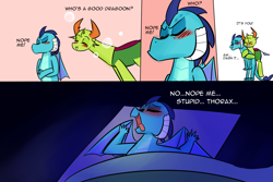 Size: 1800x1200 | Tagged: safe, artist:zouyugi, princess ember, thorax, changedling, changeling, dragon, blushing, changeling x dragon, comic, dream, embrax, female, king thorax, male, shipping, sleeping, straight, tsundember