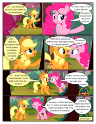 Size: 612x792 | Tagged: safe, derpibooru import, edit, edited screencap, screencap, applejack, pinkie pie, earth pony, pony, comic:friendship is dragons, the last roundup, basket, cherry, comic, dialogue, female, food, freckles, grin, hat, mare, qartist:newbiespud, raised hoof, screencap comic, smiling, tree, unamused