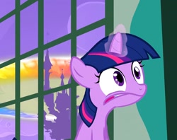 Size: 1366x1080 | Tagged: safe, screencap, twilight sparkle, unicorn twilight, pony, unicorn, the cutie mark chronicles, blank flank, castle, cropped, faic, female, filly, filly twilight sparkle, foal, glowing horn, horn, magic, sonic rainboom, window, younger