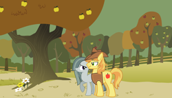 Size: 2064x1182 | Tagged: safe, braeburn, marble pie, pony, afternoon, apple orchard, braeble, daytime, female, looking at each other, male, shipping, straight, walking