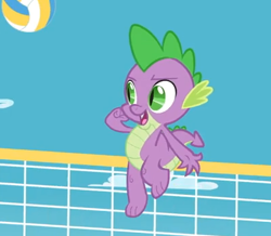 Size: 401x349 | Tagged: safe, screencap, spike, dragon, claws, cropped, equestria hills 90210, fangs, male, sky, sports, volleyball