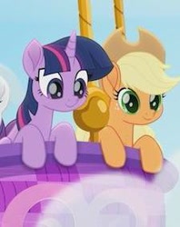 Size: 225x284 | Tagged: safe, derpibooru import, screencap, applejack, rarity, twilight sparkle, twilight sparkle (alicorn), alicorn, earth pony, pony, unicorn, rainbow roadtrip, cropped, cute, duo, female, hot air balloon, jackabetes, looking down, mare, picture for breezies, smiling, twiabetes