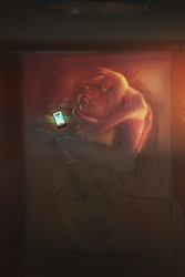 Size: 2000x3000 | Tagged: safe, artist:klooda, anthro, alarm clock, bed, clock, commission, hug, lying, male, morning, pillow, sad, sadness, solo, stallion, sunrise, telephone, window, your character here