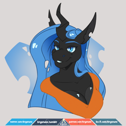 Size: 1080x1080 | Tagged: safe, artist:krystune, oc, oc only, oc:nepenthe, anthro, changeling, changeling queen, anthro oc, blue changeling, bust, changeling queen oc, female