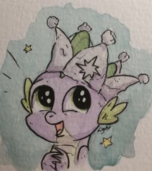 Size: 1668x1878 | Tagged: safe, artist:lightisanasshole, spike, dragon, sparkle's seven, abstract background, big eyes, blue background, crown, cute, green eyes, happy, hard-won helm of the sibling supreme, paper crown, scale, scales, simple background, smiling, solo, stars, traditional art, watercolor painting