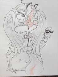 Size: 3492x4656 | Tagged: safe, artist:skuttz, oc, oc only, oc:masquerade, anthro, pegasus, clothes, dress, female, mask, sketch, solo, traditional art