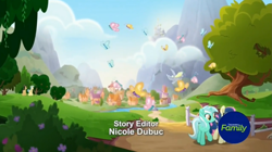 Size: 1673x935 | Tagged: safe, screencap, bon bon, golden delicious, lyra heartstrings, red delicious, sweetie drops, butterfly, earth pony, pony, unicorn, rainbow roadtrip, apple family member, discovery family logo, female, male, mare, opening credits, stallion