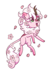 Size: 519x716 | Tagged: safe, artist:musicfirewind, oc, oc only, kirin, cute, ear fluff, eye clipping through hair, female, kirin oc, leonine tail, ocbetes, open mouth, sakura petals, simple background, solo, transparent background