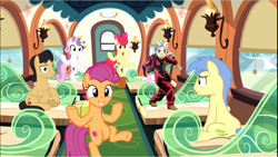 Size: 1377x774 | Tagged: safe, edit, screencap, apple bloom, cherry cola, cherry fizzy, goldengrape, scootaloo, sir colton vines iii, sweetie belle, growing up is hard to do, clothes, cropped, cutie mark, cutie mark crusaders, dancing, diamond is unbreakable, friendship express, happy khaki, hat, jojo pose, jojo's bizarre adventure, koichi hirose, meme, older, older apple bloom, older cmc, older scootaloo, older sweetie belle, pose, singing, sitting, smiling, standing, standing on one leg, the cmc's cutie marks, trail blazer