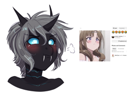 Size: 896x704 | Tagged: safe, artist:askbubblelee, oc, oc:imago, anthro, changeling, anime, anthro oc, blushing, changeling oc, cute, fangs, ocbetes, simple background, solo