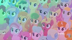 Size: 1920x1080 | Tagged: safe, screencap, apple juice (character), guiding heart, stargazer (character), tulip bulb, tulip rose, earth pony, pegasus, pony, unicorn, rainbow roadtrip, background pony, bridle wreath, crowd, discovery family logo, female, filly, male, mare, stallion, unnamed pony