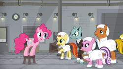 Size: 1920x1080 | Tagged: safe, derpibooru import, screencap, lemon honey, pinkie pie, earth pony, pony, the last laugh, background pony, booties, cap, clipboard, clothes, discovery family logo, eye contact, female, filly, gag factory, hat, lab coat, lavender flask, leaning, looking at each other, male, mare, mouth hold, pencil, sans smirk, stallion, teenager, unnamed pony