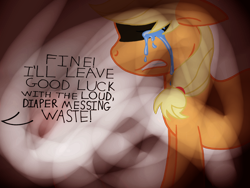 Size: 1024x768 | Tagged: safe, artist:turnaboutart, derpibooru import, applejack, earth pony, pony, abuse, crying, hairband, implied oc, jackabuse, memory, offscreen character, text, transparent