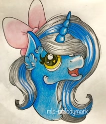 Size: 1678x1970 | Tagged: safe, artist:mlp-melodymark, oc, oc:fleurbelle, alicorn, pony, alicorn oc, bow, cute, female, golden eyes, hair bow, mare, traditional art, wingding eyes