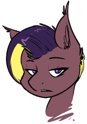 Size: 1073x1522 | Tagged: safe, artist:omegapex, oc, oc only, oc:inkberry, bat pony, pony, bat pony oc, ear fluff, eyelashes, femboy, head, lips, male, purple eyes, solo, two toned mane, unimpressed