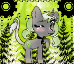 Size: 370x320 | Tagged: safe, oc, oc only, oc:xyla, pony, unicorn, blushing, female, gradient horn, green eyes, leonine tail, looking at you, pigtails, solo