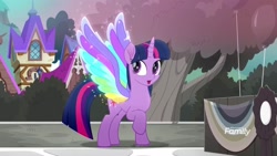 Size: 1920x1080 | Tagged: safe, screencap, twilight sparkle, twilight sparkle (alicorn), alicorn, pony, rainbow roadtrip, colored wings, discovery family logo, female, mare, multicolored wings, rainbow wings, raised hoof, solo, toyetic, wing bling, wings